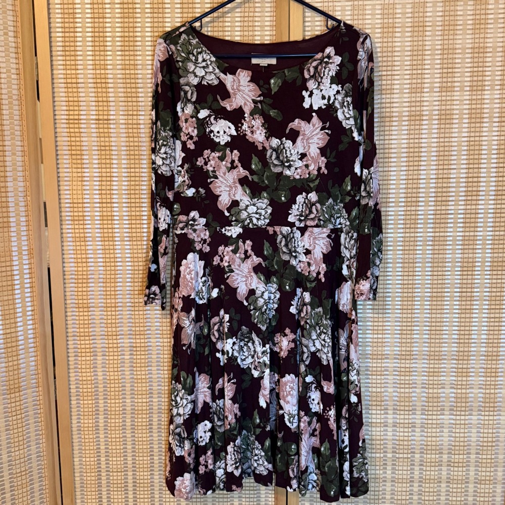 Loft Outlet Petite Burgundy‎ Floral Long Sleeve Fit Flare Dress LP NWT Western
